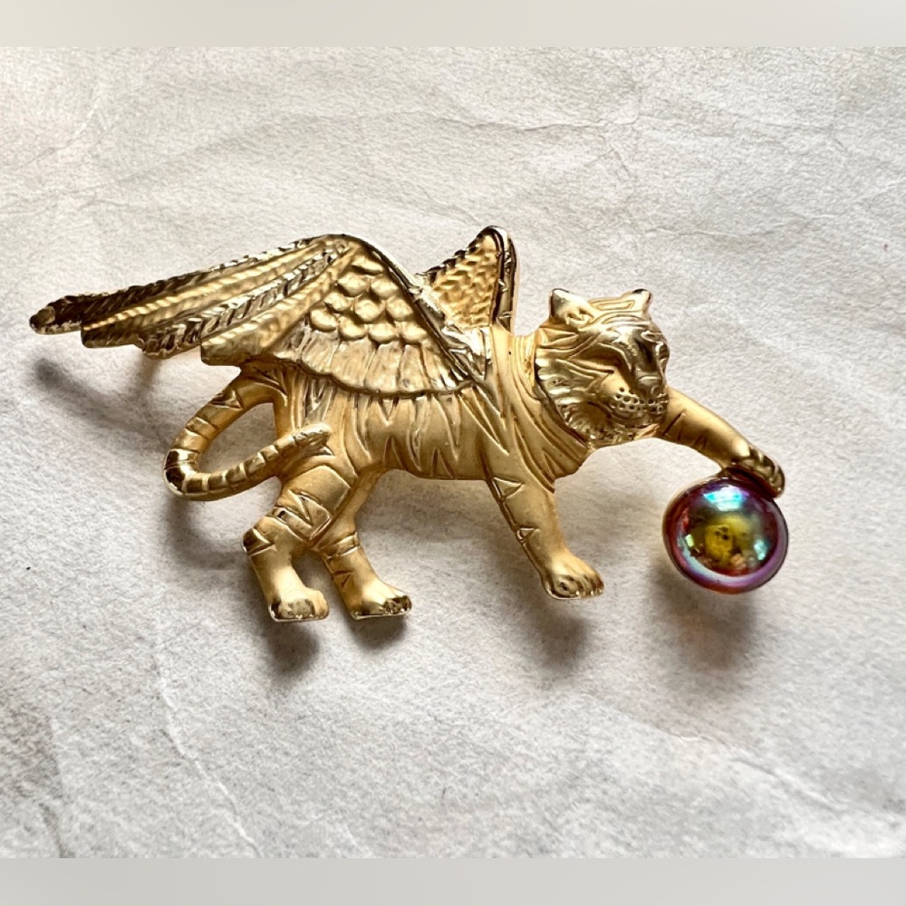 Vintage OACJ Winged Cat Brooch w/ opalescent globe